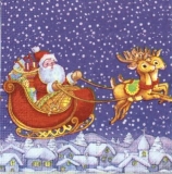 Weihnachtsmann mit voll bepackten Schlitten über Winterdorf - Santa Claus with fully packed sleigh, over winter village - Père Noël avec traîneau entièrement emballé, sur le village dhiver