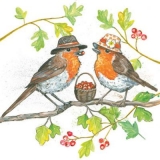 Rotkehlchenpaar mit Hut & Beeren - Robin Couple with hats & berries - couple de rouge-gorge avec chapeau et baies
