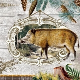 Wildschwein & Fasan vor einen Portrait auf einer Holzwand - Wild boar & pheasant in front of a portrait on a wooden wall - Sanglier et faisan devant un portrait sur un mur en bois