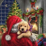 Weihnachtsmann mit Hund am Kamin mit Geschenken - Santa Claus with dog by the fireplace with gifts - Père Noël avec un chien au coin du feu avec des cadeaux